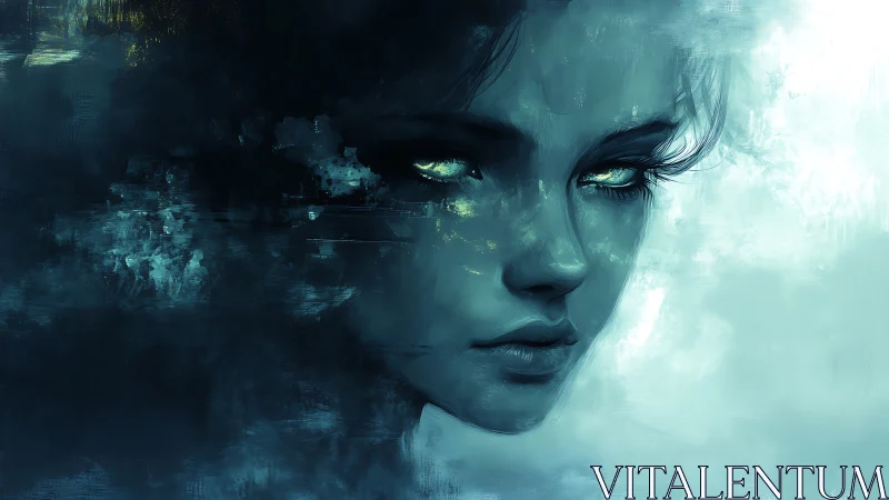 Ethereal teal portrait dissolving into abstract mist.