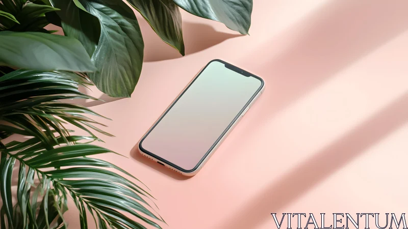 Modern smartphone on pastel pink desk with tropical leaves, minimal style.