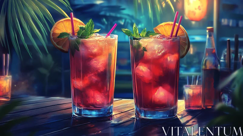 Twilight Elixir: Ruby Cocktails Gleam Under Neon-Kissed Skies.