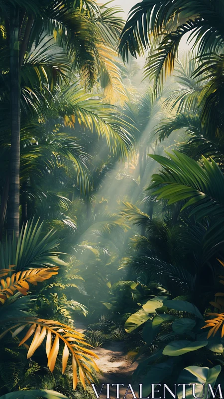 Sunlit jungle path amid dense tropical foliage canopy.