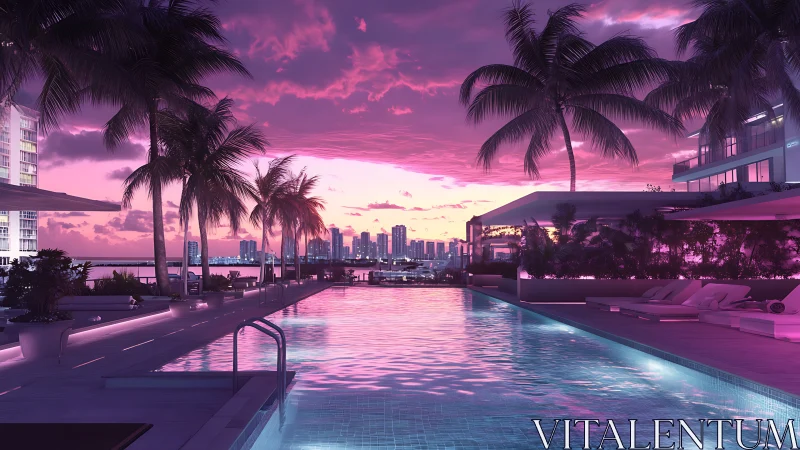 Neon sunset poolscape overlooks a glowing tropical skyline