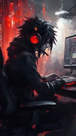 Cyberpunk coder types under neon red backlit monitor glow