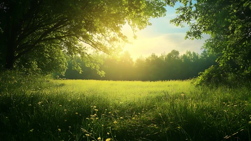 Sunlit woodland meadow with low-angle golden backlighting.