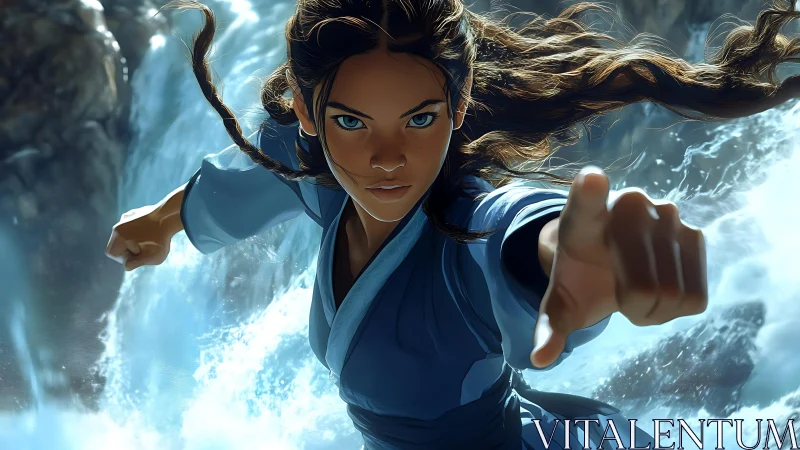 Hydrodynamic martial focus amid cascading waterfall turbulence.