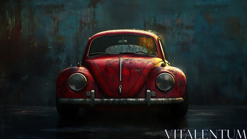 Vintage red beetle front view under moody cinematic light.