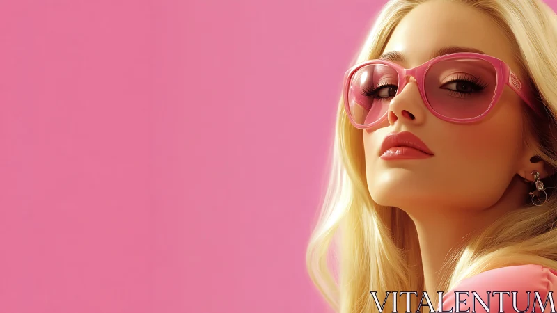 Blonde model wears pink sunglasses against smooth pink backdrop