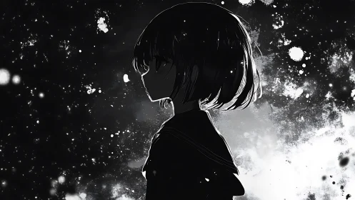 Solitary anime girl in cosmic monochrome splatter night.