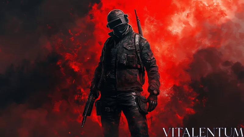 Armored tactical figure stands before dense red smoke field