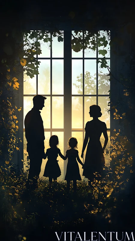 Silhouetted family framed by glowing garden window at dusk.