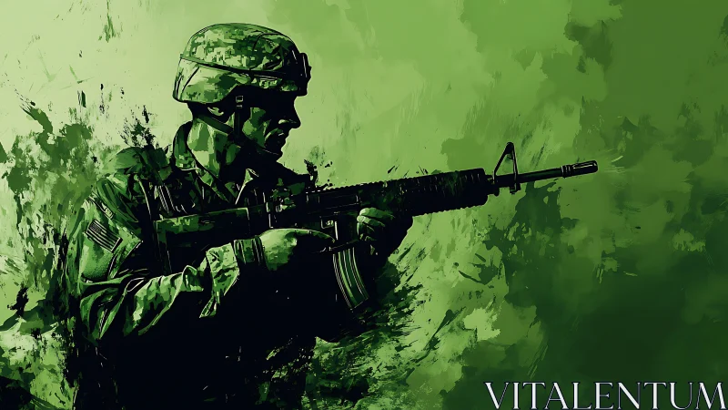 Soldier silhouette with rifle in monochrome green field.