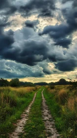 Storm-laden country track under dramatic evening sky.