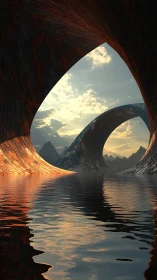 Curved rock arches frame reflective water and distant peaks