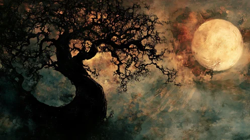 Twisted dark tree silhouette against a textured full moon.