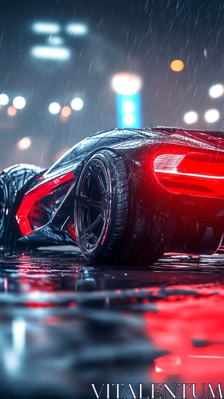 Futuristic supercar glows in neon rain on slick city street