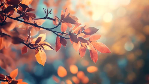Sunlit autumn leaves glow gently in a dreamy forest breeze