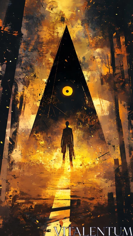 Silhouette stands before triangular portal with central eye