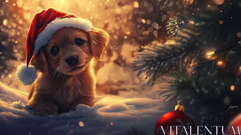 Holiday puppy in Santa hat under glowing Christmas tree.
