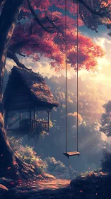 Treehouse balcony and rope swing in misty autumn gorge