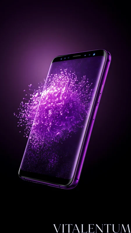 Photorealistic violet smartphone with luminous particle burst.