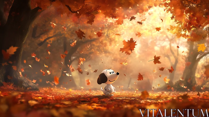 Cartoon canine in volumetric autumn forest light field.