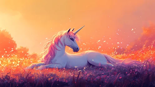 Unicorn resting in glowing orange meadow at sunset.