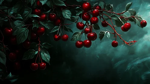 Glistening red cherries glow gently against a deep teal night