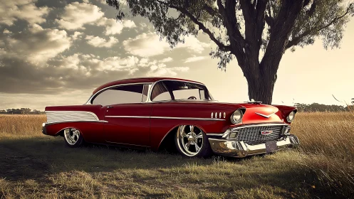 Classic red coupe rests in a golden rural field at sunset