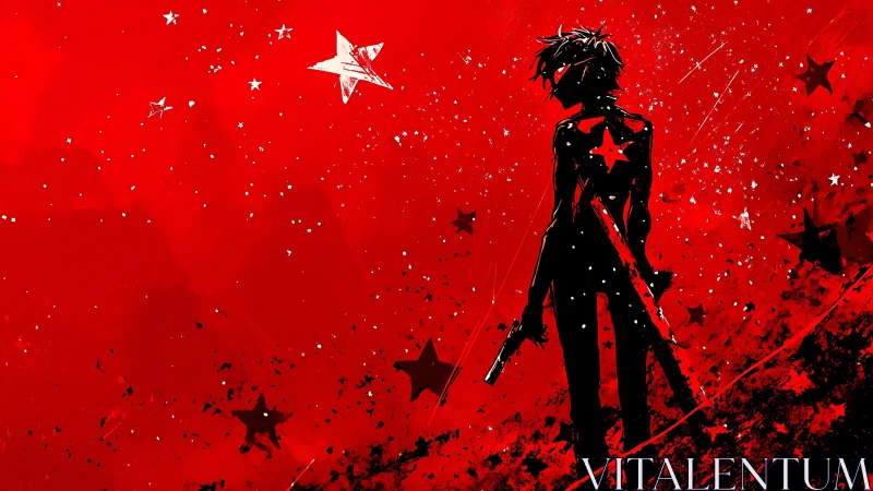 Silhouetted vigilante stands defiant in a red star storm