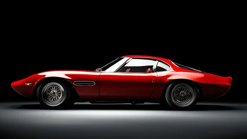 Classic red sports coupe glows against deep black backdrop.