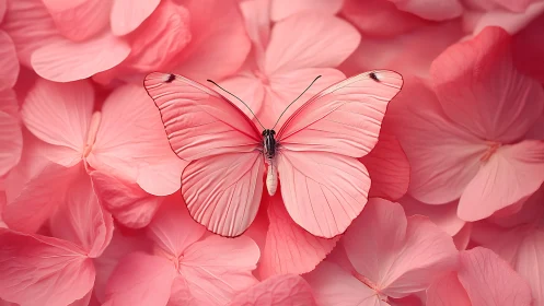 Monochromatic pink butterfly on hydrangea petals with shallow depth