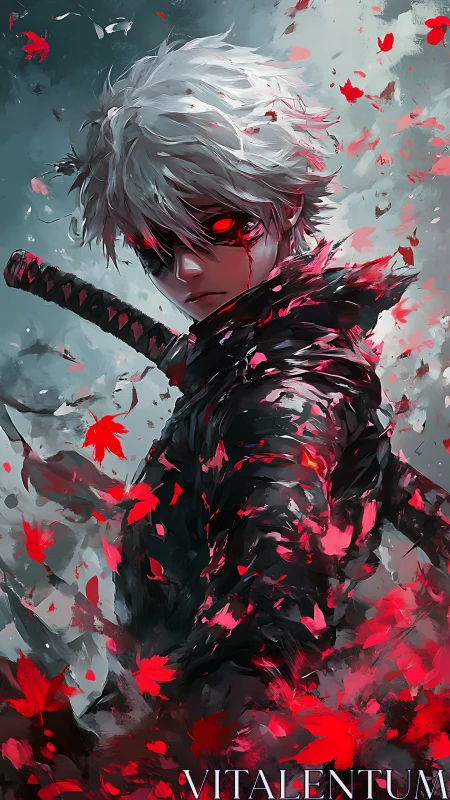 White haired swordsman stands amid red falling leaves