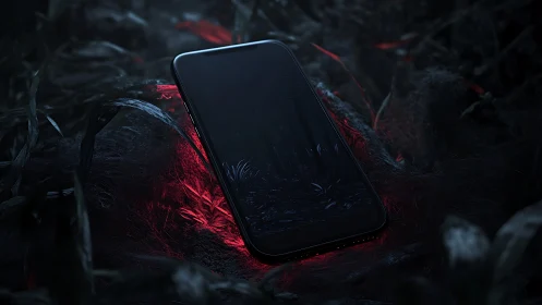 Midnight smartphone glowing softly in a shadowy forest floor.