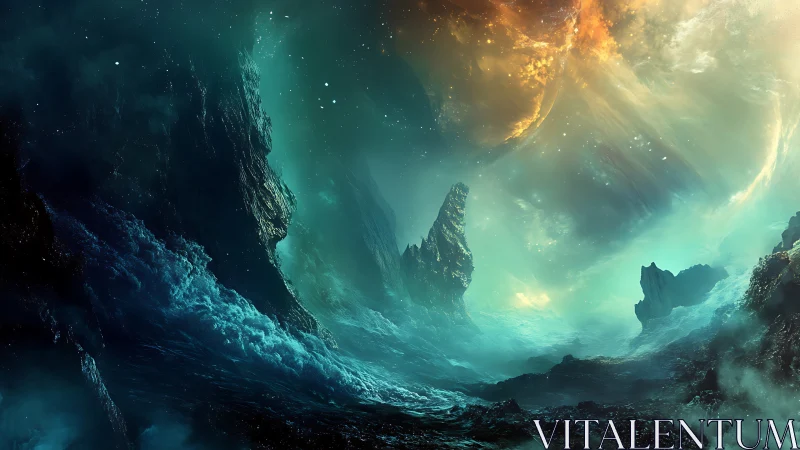 Alien ocean basin with jagged rock spires and nebula sky.