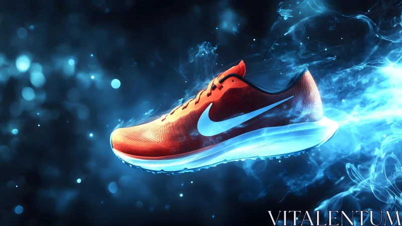 Vibrant Red Running Shoe in Dynamic Neon Blue Artistic Style.