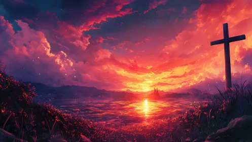 Crimson sunset sky ignites tranquil lakeside with wooden cross