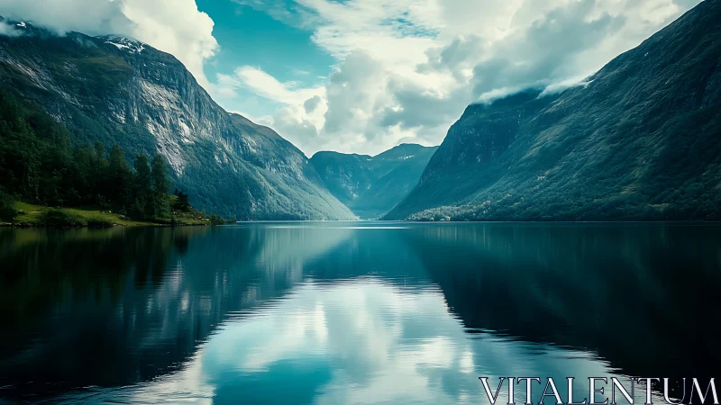Still water between silent mountains under wandering clouds.