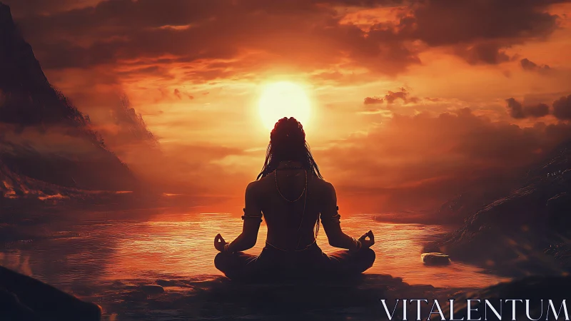 Silhouetted yogi in lotus pose at molten sunset shoreline
