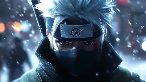 Masked anime warrior with white hair stares forward in snow