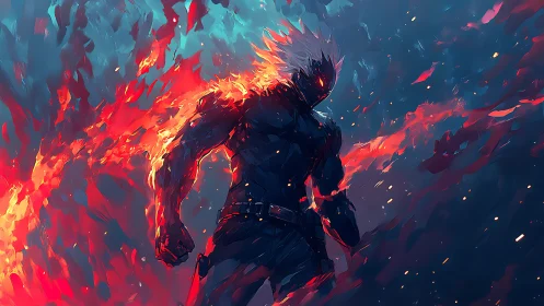 Silhouetted humanoid figure stands amid directional flame arcs