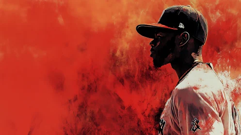 Baseball player silhouette set against dynamic red abstraction