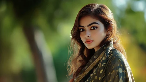 Portrait of woman in patterned shawl against blurred greenery.