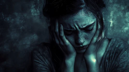 Tender portrait of a troubled girl in deep blue light.