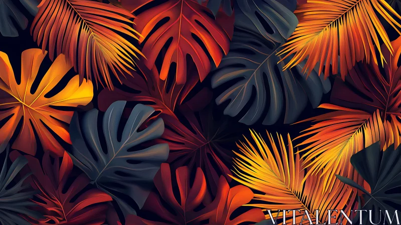 Tropical foliage glows in fiery sunset-inspired gradients