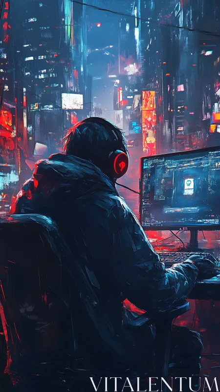 Hooded gamer codes in neon cyberpunk city at night