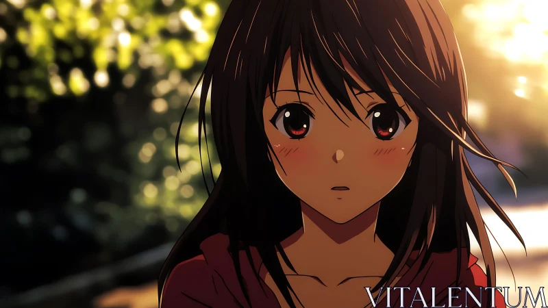 Sunlit anime girl gazes forward in a quiet reflective moment
