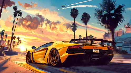 Yellow sports car moves along palm-lined street at sunset