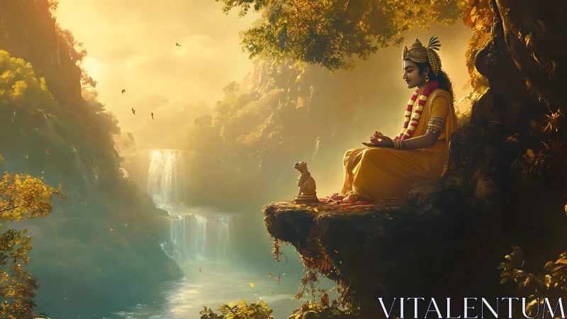 Golden sage above waterfall valley in sunrise stillness.