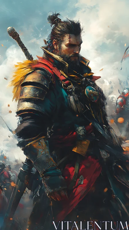 Battle-hardened warrior stands armored amid drifting embers