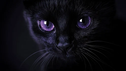 Black cat face with glowing purple eyes in darkness.