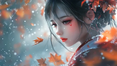 Autumn girl’s quiet gaze amid drifting leaves and snow.
